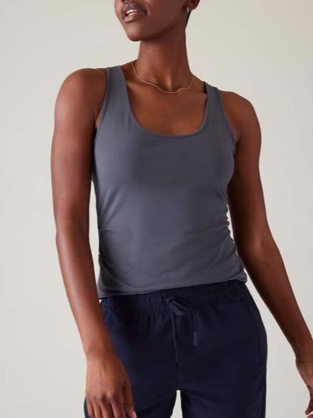 Athleta Outbound Scoop Neck Tank Slate Blue Gray Side Cinch Ruched Curved Hem SP